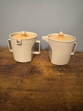 Vintage Tupperware Sugar Bowl Creamer Set 1414 1415 Beige Gold Lids